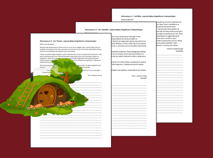 📜Zestaw 3 listów do ćwiczeń ortograficznych i interpunkcyjnych - 🐉💍"HOBBIT, CZYLI TAM I Z POWROTEM" - ortografia - interpunkcja + odpowiedzi