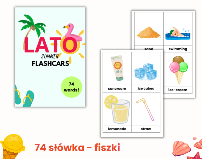 WAKACYJNE FISZKI, LATO, SUMMER, ENGLISH, PO ANGIELSKU, ANGIELSKIE FISZKI, SŁÓWKA