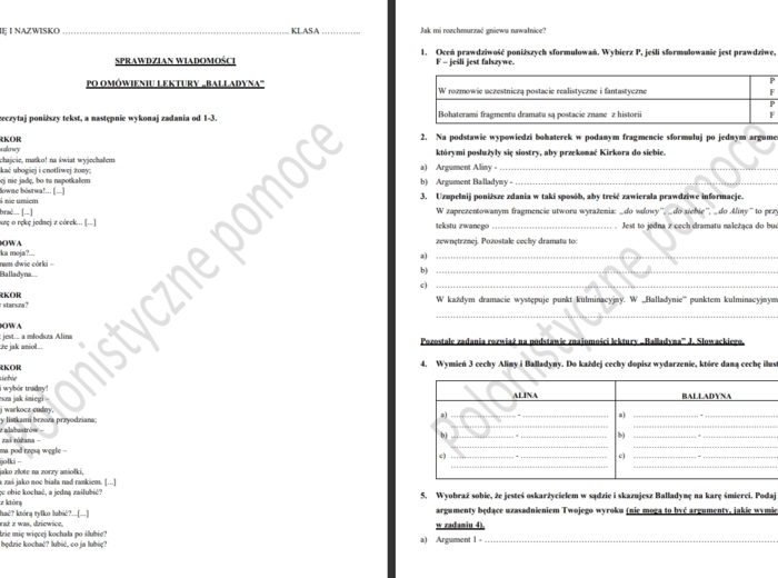Sprawdzian po omówieniu lektury Balladyna