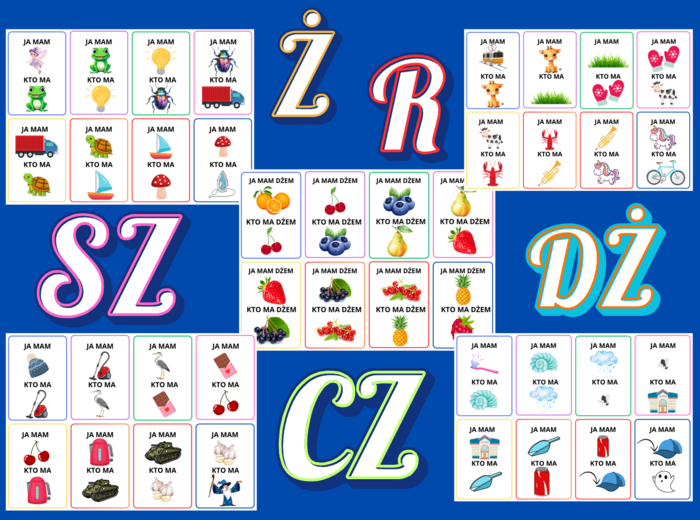 🎉 GRA LOGOPEDYCZNA: „JA MAM – KTO MA?” 🔈 Głoski: SZ, Ż, CZ, DŻ, R 📚 15 STRON • 120 ILUSTRACJI • FORMA ZABAWY • DIAGNOZA PRZEZ ZABAWĘ