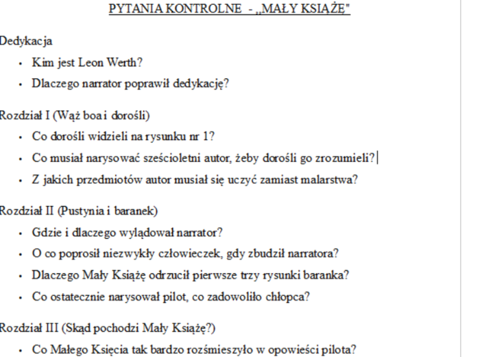 Pytania kontrolne do lektury "Mały Książę"
