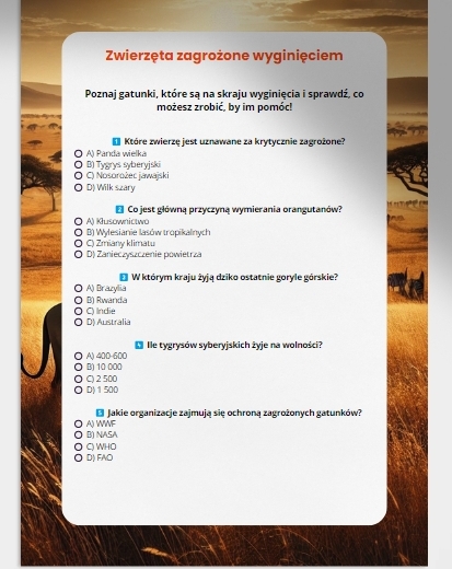 Quizy i testy wiedzy. Zwierzęta zagrożone wyginięciem. Recykling. Odnawialne źródła energii