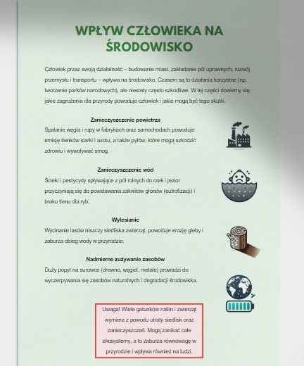 Analiza łańcuchów pokarmowych, sieci troficznych w różnych ekosystemach. Wpływ człowieka na środowisko.