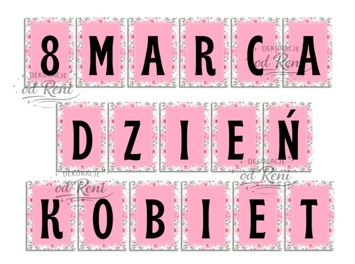 Girlanda - 8 MARCA  DZIEŃ KOBIET + 18 plansz A4 – plik PDF do druku