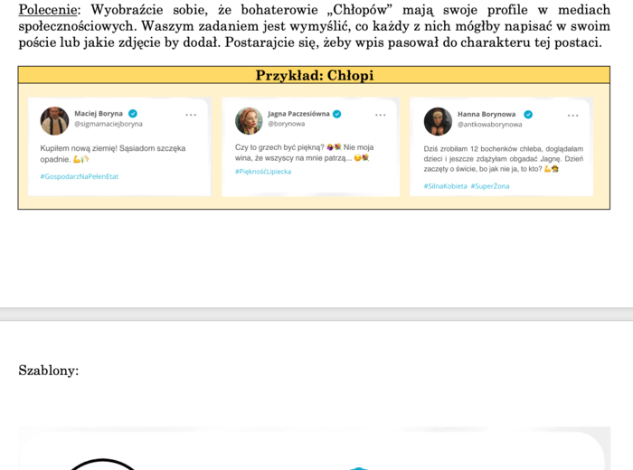 Wpisy w mediach społecznościowych - scenariusz ćwiczenia + szablon
