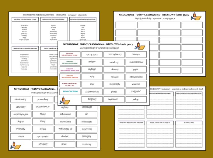 Nieosobowe formy czasowników - IMIESŁOWY - klasy 7- 8 – karta pracy – fiszki – egzamin – powtórka + odpowiedzi