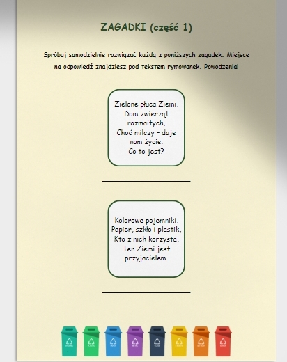 Zagadki i krzyżówki na temat ekosystemów, ochrony przyrody, recyklingu.