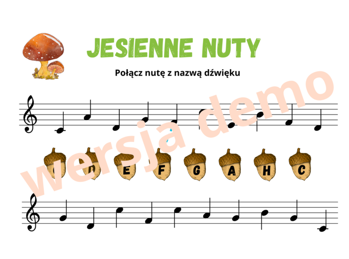Muzyka. Nauka nut. "Jesienne nuty". Rozpoznawanie wysokości dźwięków w kluczu wiolinowym.