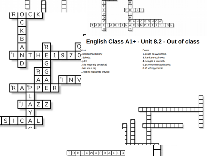 English Class A1+ – Unit 8 – krzyżówki – Wydarzenia/Out of class/Rodzaje muzyki/8.5