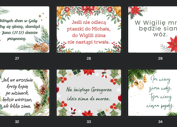Zimowe i bożonarodzeniowe plakaty z przysłowiami