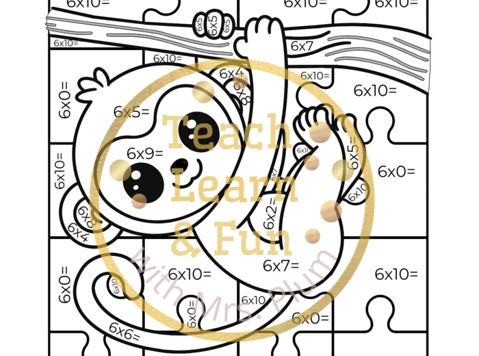 Kolorowanka matematyczna — Mnożenie x6 z wesołą małpką! 🐒