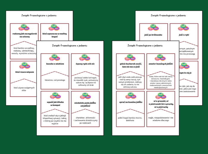 TŁUSTY CZWARTEK – jedzenie - frazeologizmy – ZWIĄZKI FRAZEOLOGICZNE – fiszki – 28 szt. - kl. 4-8 – egzamin – powtórzenie - ćwiczenia