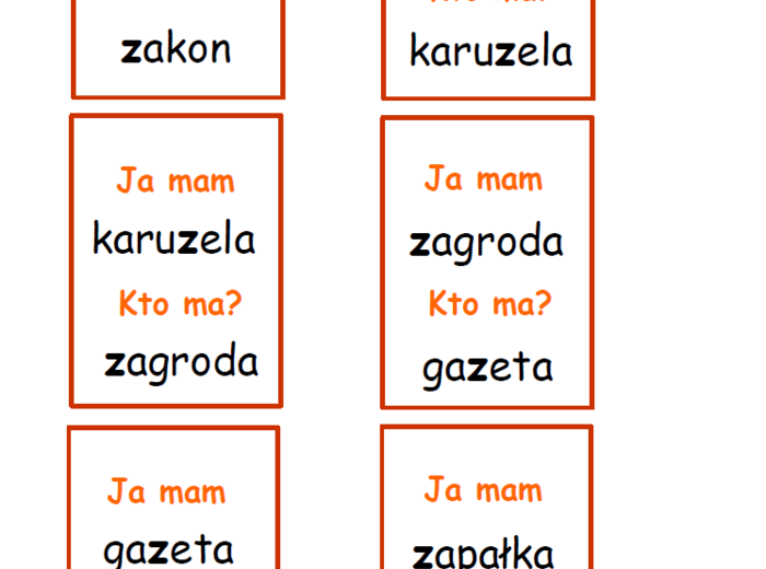 Gra logopedyczna - zestaw kart typu kto ma, ja mam – głoski syczące