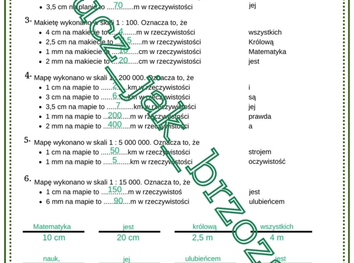 Skala na planach i mapach, klasa 6, karta pracy z hasłem