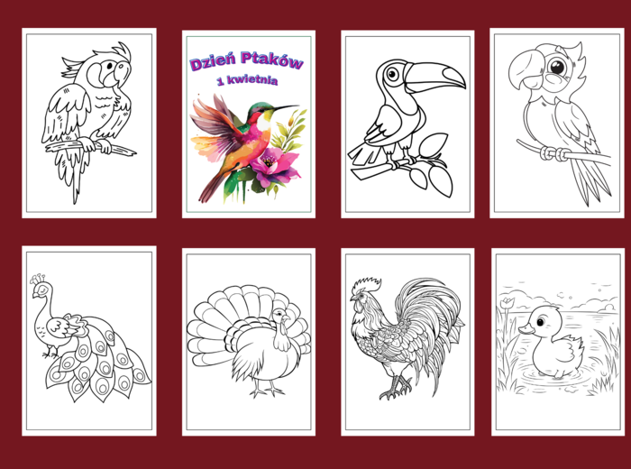 DZIEŃ PTAKÓW – Galeria portretów – kolorowanka – kolorowanki – WIOSNA – biblioteka – świetlica – przedszkole – 49 wersji