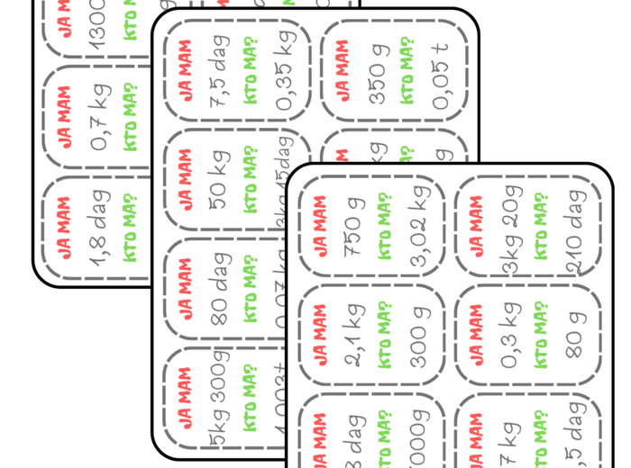 Ja mam, kto ma - jednostki masy (wyrażenia dwumianowane i ułamki dziesiętne). Klasa 4, 5, 6