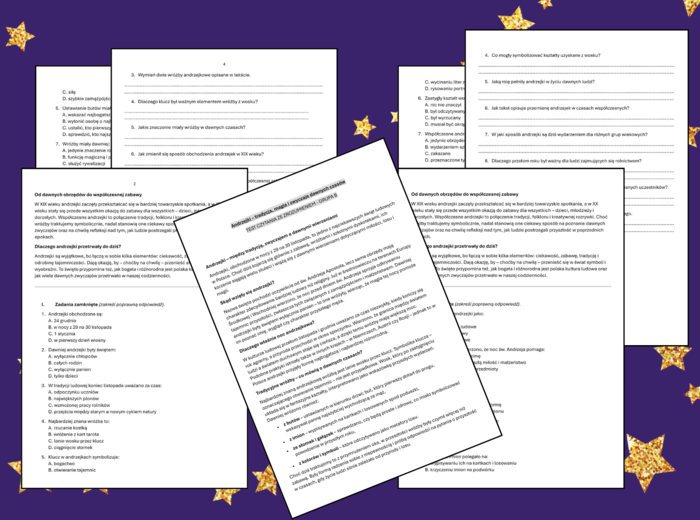 🔮✨ANDRZEJKI – tradycja, magia i zwyczaje dawnych czasów - test - 🎇 CZYTANIE ZE ZROZUMIENIEM - klasa 4-5 - 2 grupy + odpowiedzi