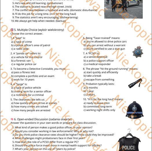 Karta pracy Work in the UK Police ze słowniczkiem i kluczem odpowiedzi