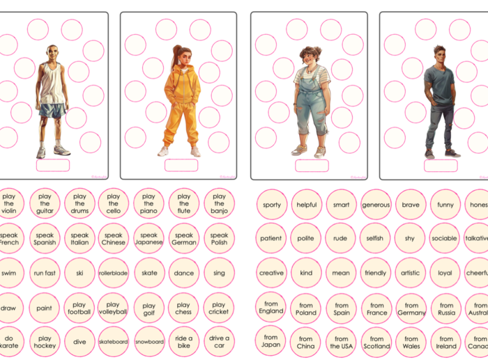 Karty na speaking: opis postaci z to be/have got/can/is wearing