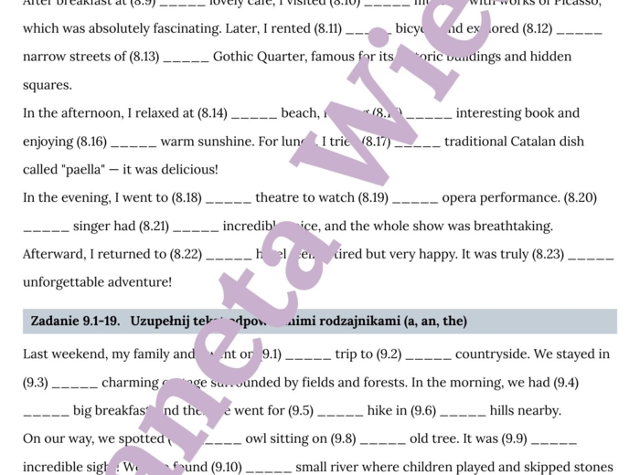 RODZAJNIKI (A, AN, THE) the articles E8 – Zbiór zadań do egzaminu ósmoklasisty z języka angielskiego. Poziom A2/A2+ – 10 STRON ZADAŃ, różnice w stosowaniu a, an i the w zadaniach, ćwiczenia użycia w sytuacjach codziennych, wypełnianie luk w tekście, twor