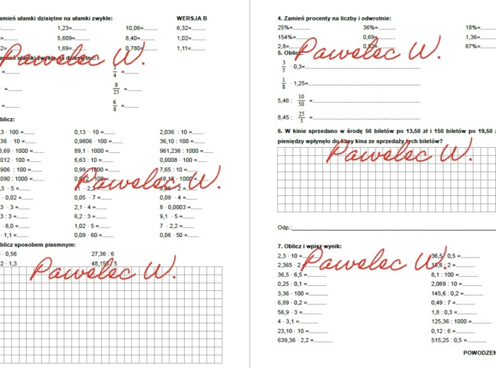 UŁAMKI DZIESIĘTNE mnożenie i dzielenie - karty pracy, zadania, sprawdzian, kl. 5, 6