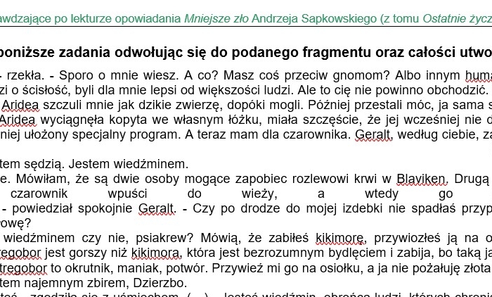 "Mniejsze zło" Andrzeja Sapkowskiego - karta pracy, praca z fragmentem