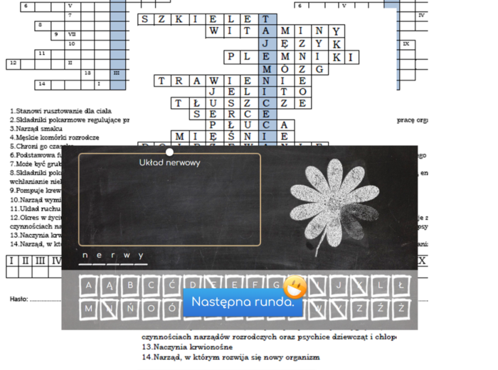 Logogryf dla klasy 4 na podsumowanie działu Tajemnice ciała człowieka
