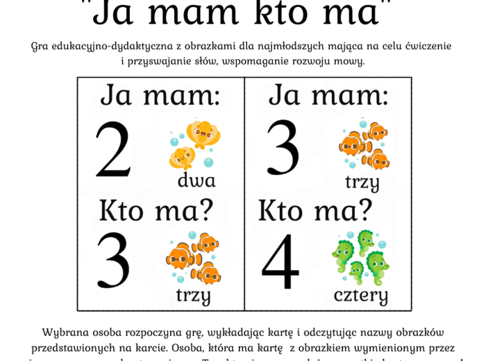 Gra edukacyjno-dydaktyczna „Ja mam… kto ma?” Cyfry od 1 do 10 - 12 kart - (wersja kolorowa)