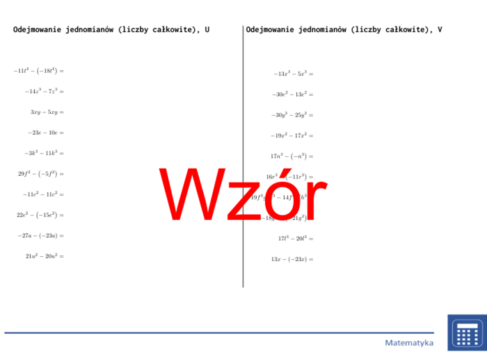 Odejmowanie jednomianów (liczby całkowite) | matematyka, algebra | 26 kolumn