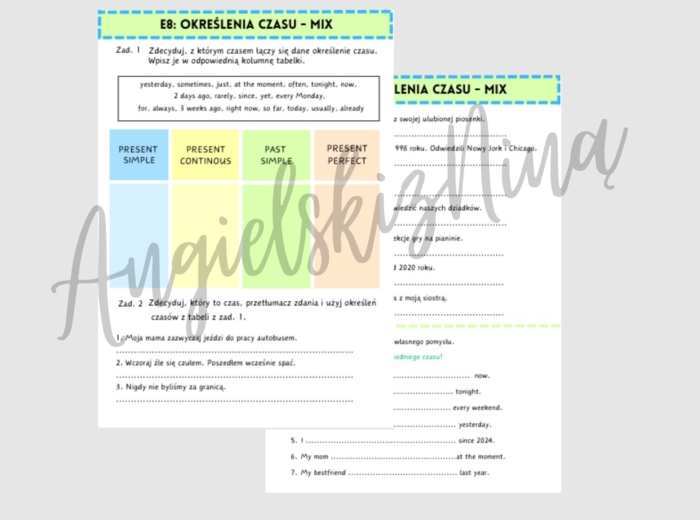 E8 - określenia czasu - mix - karta pracy - powtórka czasów - wklejka - Present Simple - Past Simple - Present Continuous - Present Perfect - egzamin ósmoklasisty - matura