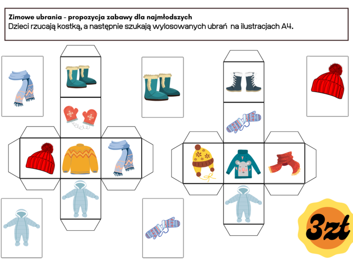 Propozycja zabawy dla najmłodszych ??Zimowe ubrania - kostka do gry - i karty A4.