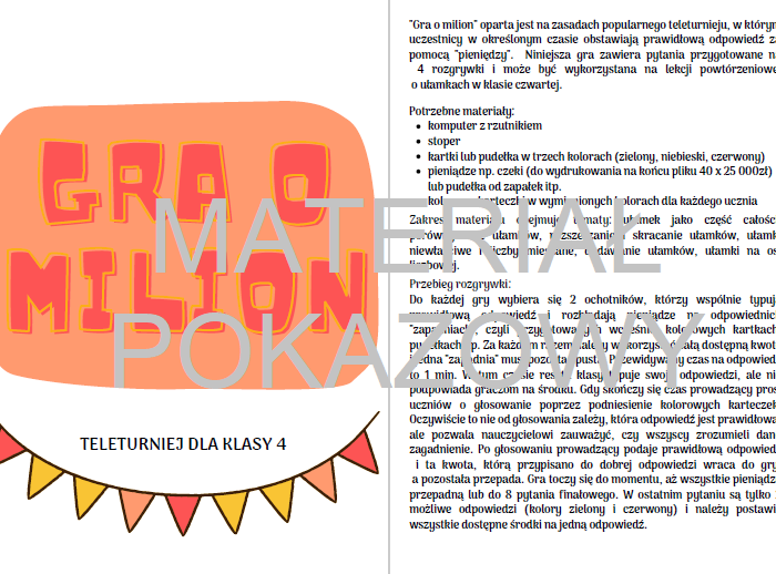 Gra o milion - powtórzenie z ułamków zwykłych dla klasy 4
