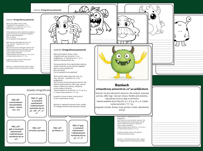 ORTOGRAFICZNY POTWOREK - karty pracy - karta pracy - zasady ortograficzne - ORTOGRAFIA - ćwiczenia redakcyjne - opis - 21 szt.
