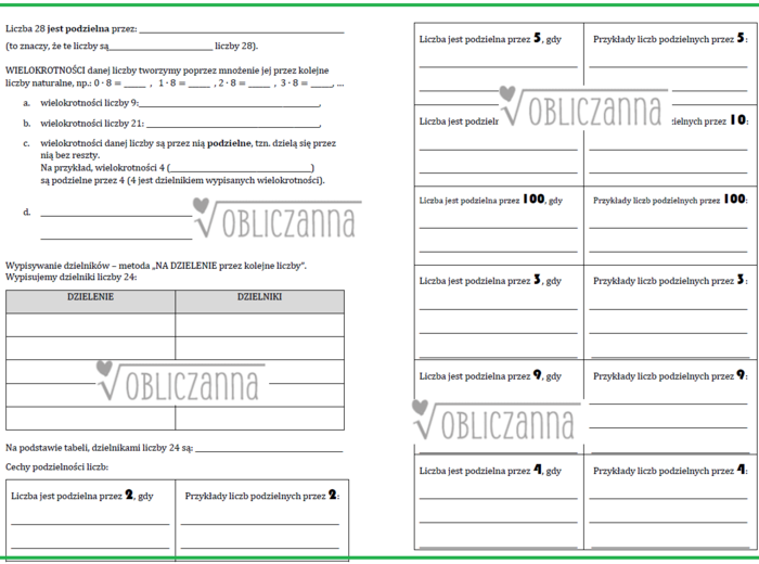 DZIELNIKI, WIELOKROTNOŚCI, CECHY PODZIELNOŚCI, NWW, NWD - notatka (karta do uzupełnienia)
