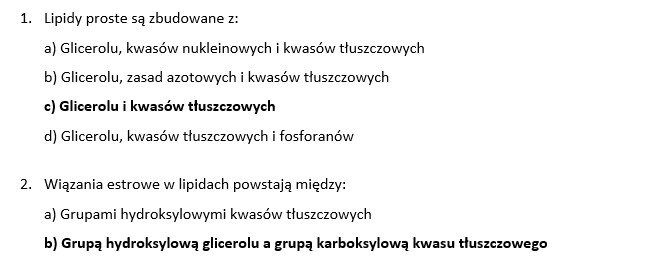 Test- Chemizm życia. Składniki organiczne- lipidy (poziom rozszerzony)