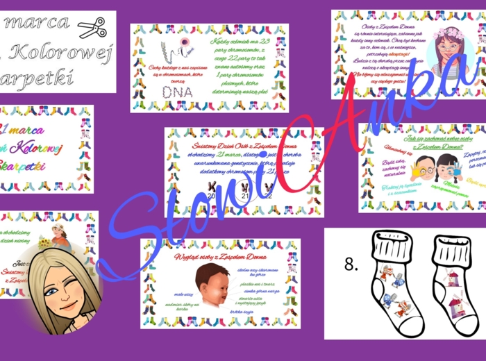 Dzień Kolorowej Skarpetki (Światowy Dzień Zespołu Downa) - ZESTAW: napis + gazetka + gra skojarzeniowa "Porzekadła"