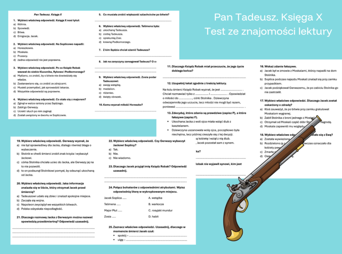 Zestaw testów - Pan Tadeusz. Księgi I, II, IV, X, XI, XII