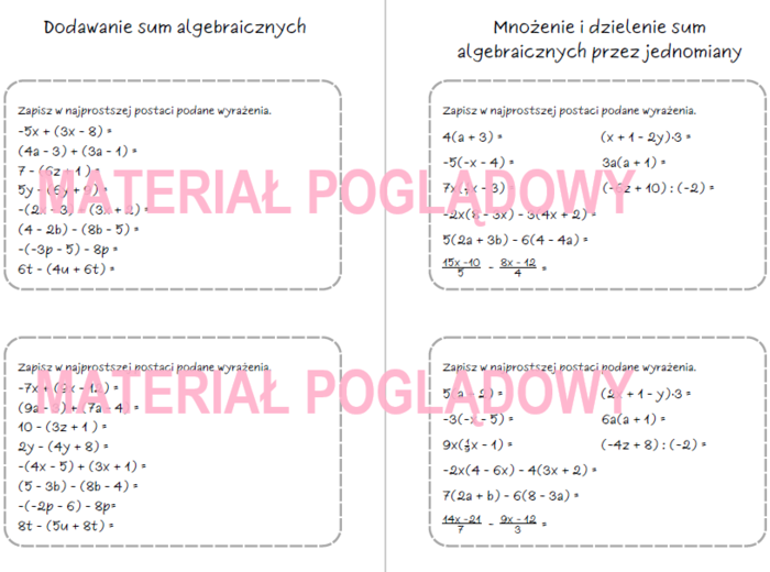 Szybkie karteczki – wyrażenia algebraiczne, sumy algebraiczne, jednomiany, redukcja wyrazów podobnych (karta pracy, kartkówka kl. 6, 7, 8)
