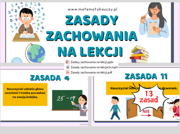 ZASADY ZACHOWANIA NA LEKCJI - 13 uniwersalnych zasad dla każdego nauczyciela / PowerPoint, MP4 + PDF do druku