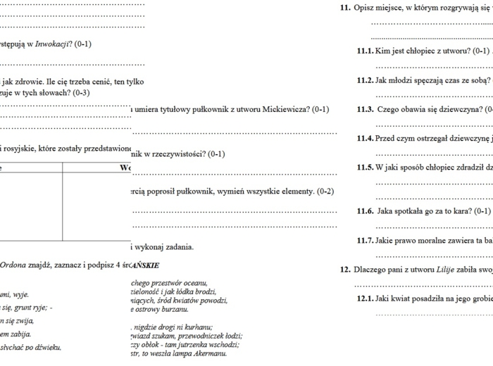 Adam Mickiewicz twórczość - sprawdzian/karta pracy kl. 7-8