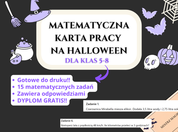 🎃 Matematyczne Halloween 👻🧮 – karta pracy + darmowy dyplom | matematyka, klasy 5–8, halloween, ułamki, działania, równania, pole figur, szkoła podstawowa, konkurs