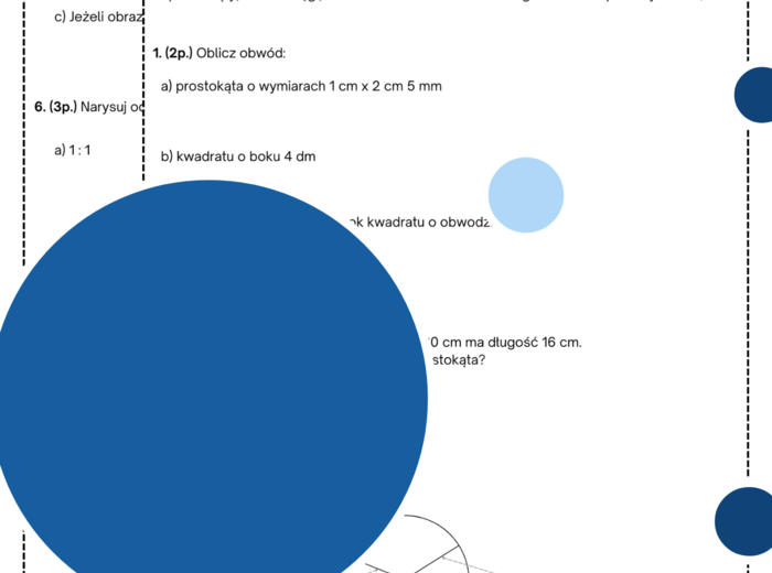 Kartkówka - prostokąty, koła, skala. Klasa 4. Geometria. Figury na płaszczyźnie.