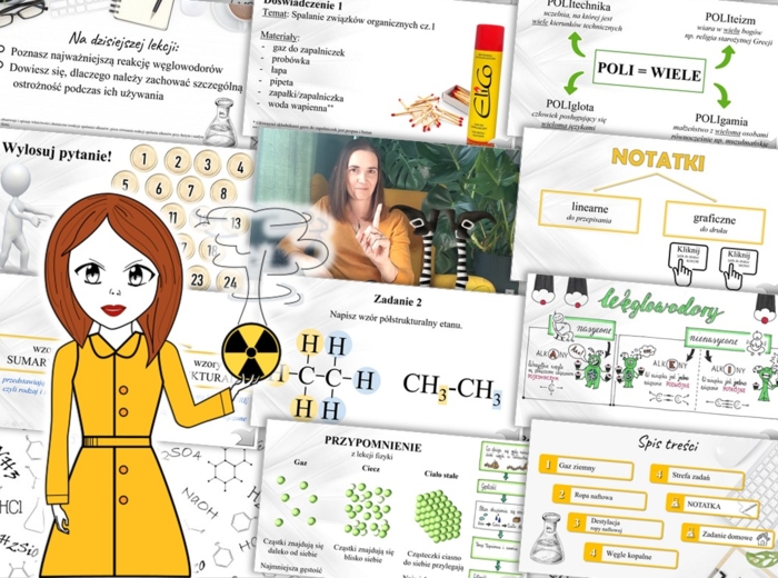 Chemia. Klasa 8. Węglowodory. Kompletny PAKIET materiałów do całego działu dla nauczyciela. Prezentacja. Karta pracy. Gra dydaktyczna. Zadanie. Sketchnotka. Powtórzenie wiadomości. Kartkówka. Sprawdzian.