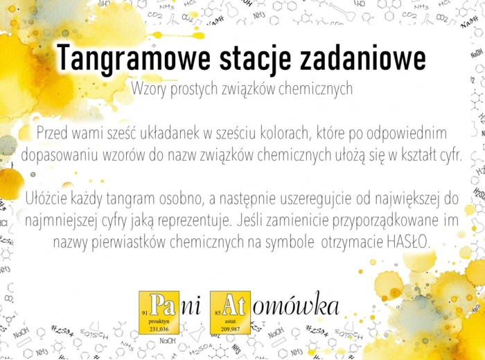 Chemia. Klasa 7. Wzory prostych związków chemicznych. Tangramowe stacje zadaniowe. Praca grupowa. Zadanie. Zagadka. Gra dydaktyczna. Układanka. Tangram. Puzzle.