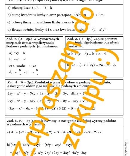 Wyrażenia algebraiczne cz. 1. - kartkówka, karta pracy