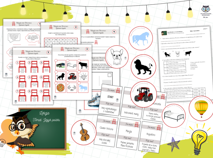 Zestaw lekturowy MAGICZNE DRZEWO. CZERWONE KRZESŁO. Kartkówka. Stacje zadaniowe. Ikony. Ja mam..., kto ma...?