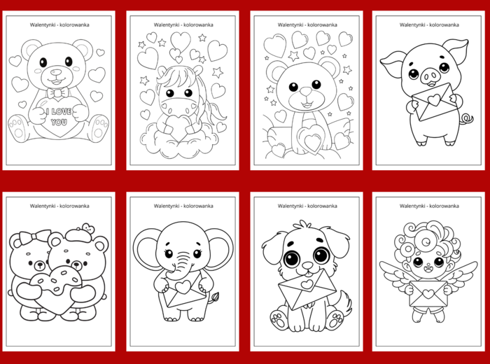 WALENTYNKI – kolorowanka – kolorowanki – biblioteka – świetlica – przedszkole – 30 wersji