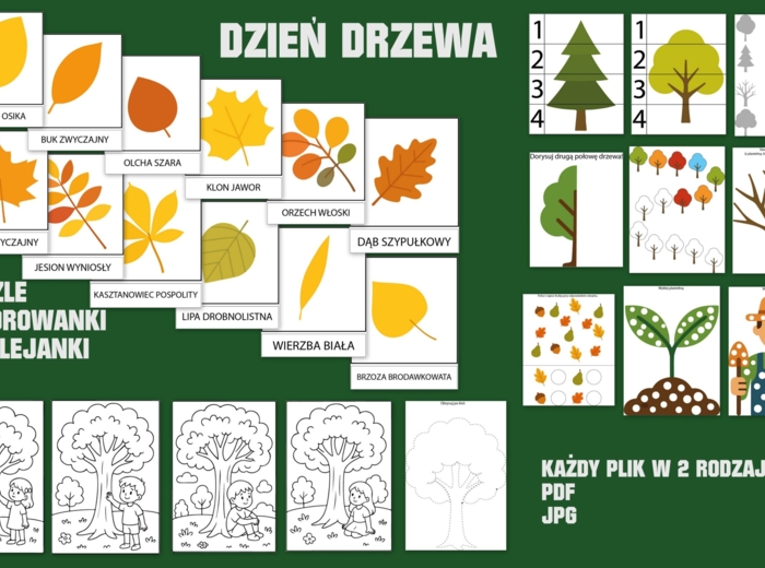 Dzień drzewa - kolorowanki, wyklejanki, rysowanie po śladzie, rodzaje liści itp (jpg i pdf)