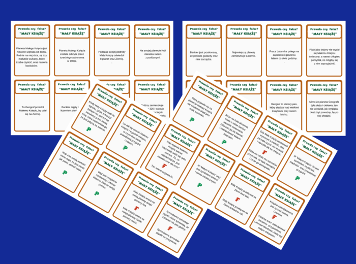 "MAŁY KSIĄŻĘ" - 48 fiszek – fiszki – PRAWDA – FAŁSZ – lektury obowiązkowe + ODPOWIEDZI