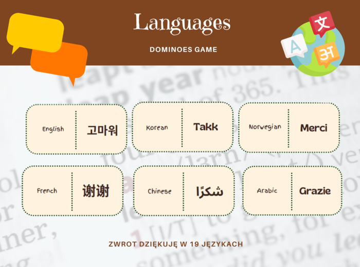 Thank you Domino na Europejski Dzień Języków - Dziękuję w 19 różnych językach - 2 wersje językowe- język polski, język angielski